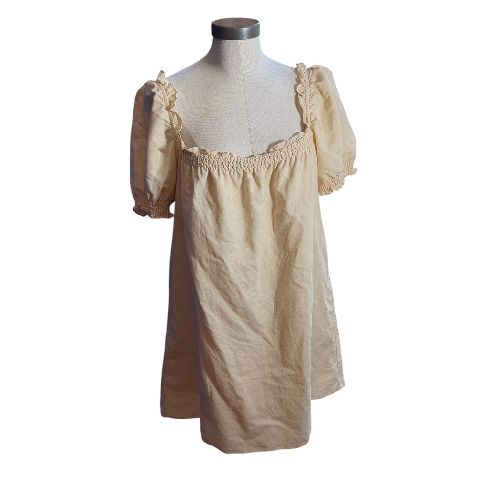 Charlie Holiday Linen Blend Puff Sleeve Smocked Mini Dress Sand Beige